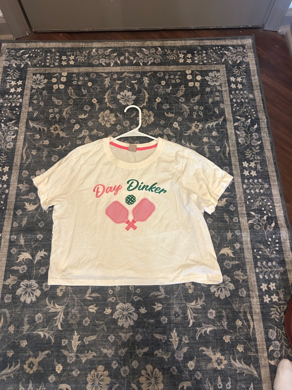 White 'Day Dinker' Short Sleeve Graphic Tee with Pink and Green Print